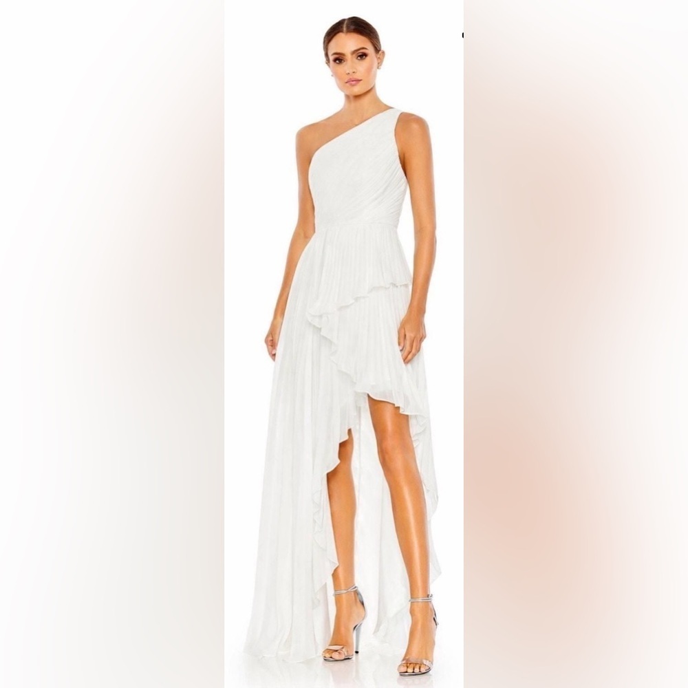 NWT Mac Duggal 49532 White
Grecian Draped Pleated Ruffle Hi Low Hem Dress